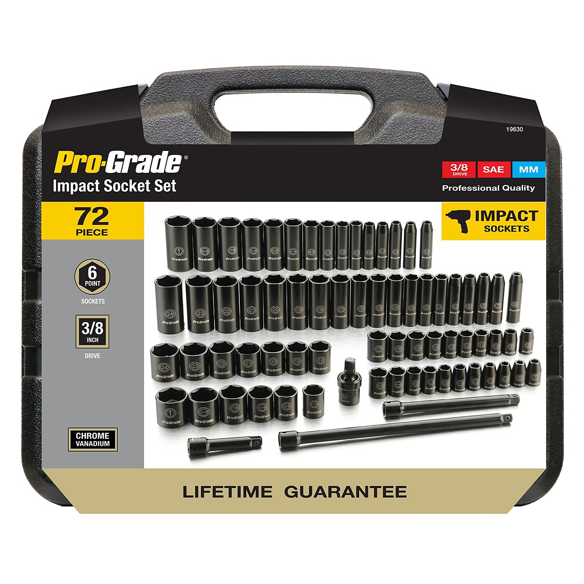 PRO-GRADE, 72 pc. 3/8" Drive SAE and Metric Impact Socket Set, Model # 19630